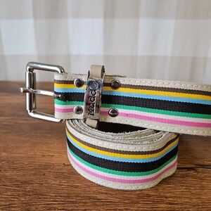 Vtg 2000s Y2K Mudd Rainbow Striped Web Suede Belt Silver Buckle Casual Women XXL